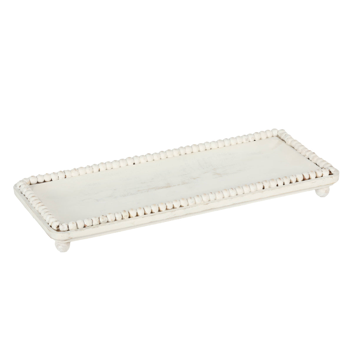 17" Wooden Whitewash Beaded Tray