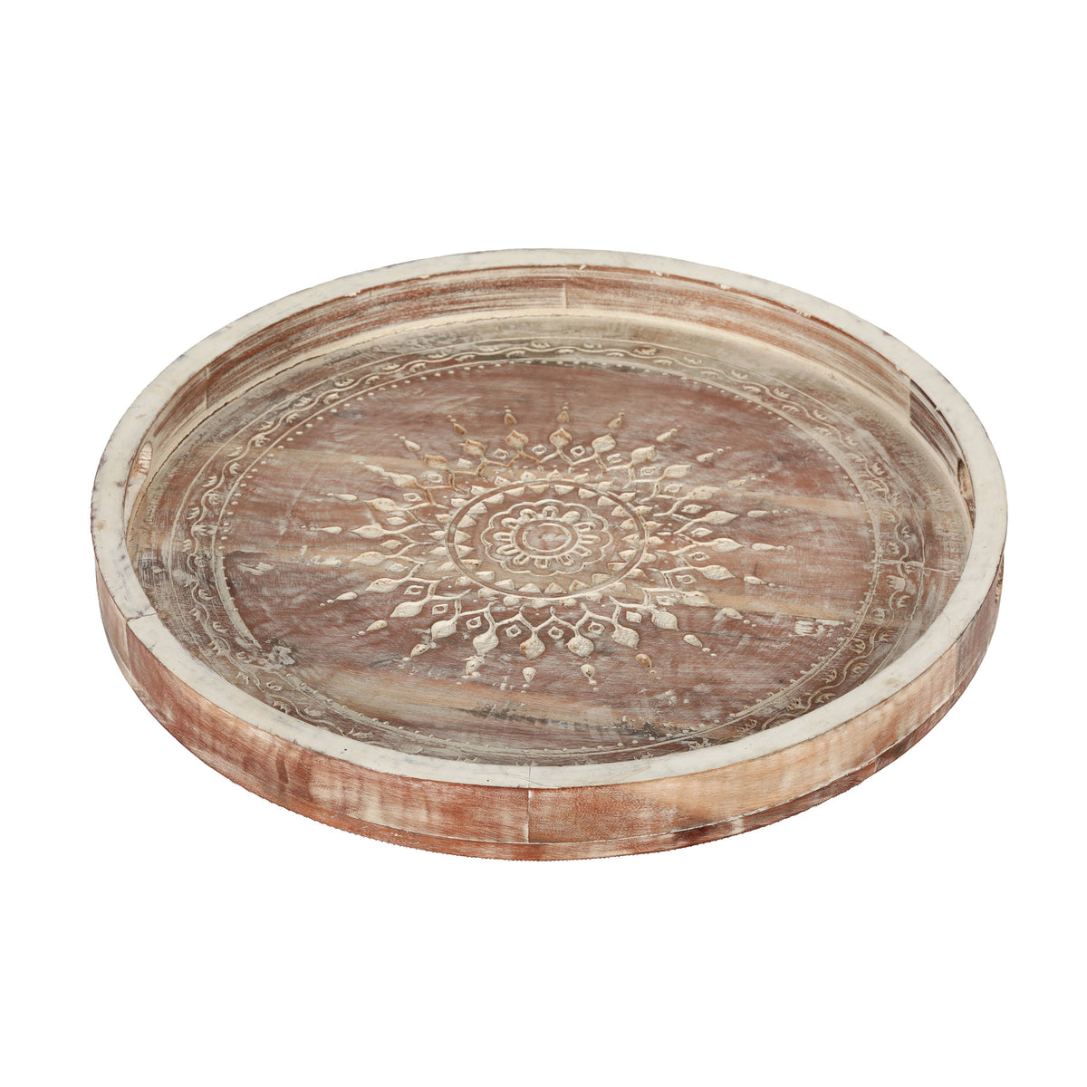 16" Carved Wooden Whitewash Round Tray